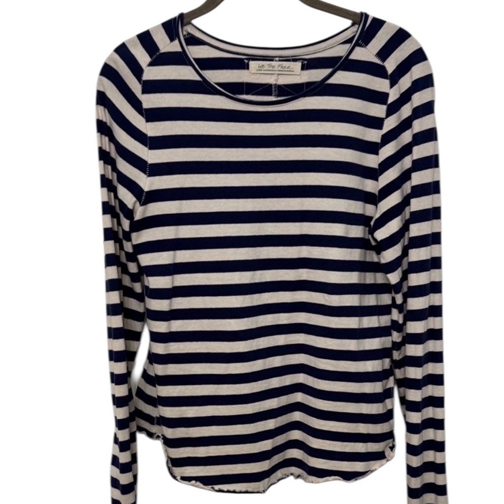 We The Free navy Stripe Long Sleeve Tee Raw ruffle lettuce Hem 100% Cotton large